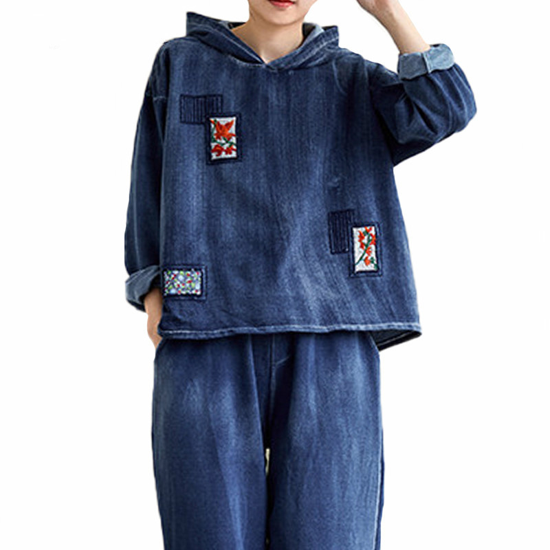 

Style Vintage Streetwear Ladies Floral Shredded Suits Women Hoods Two Sets Vetements 6skg, Blue