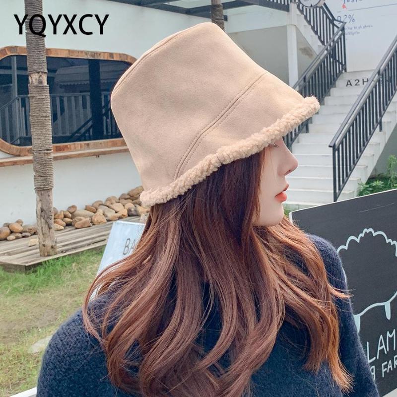 

YQYXCY Winter Hats For Women Double sided Suede Lamb Fur Fisherman Bucket Hat Thin Face Korean Warm Bob Gorro Panama Solid Color, Black