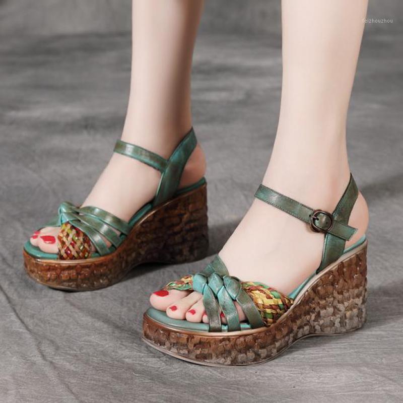 

YourSeason Retro Platform Women High Heels Shoes 2020 New Summer Buckle Strap Female Casual Wedges Sandals Genuine Leather1, Green