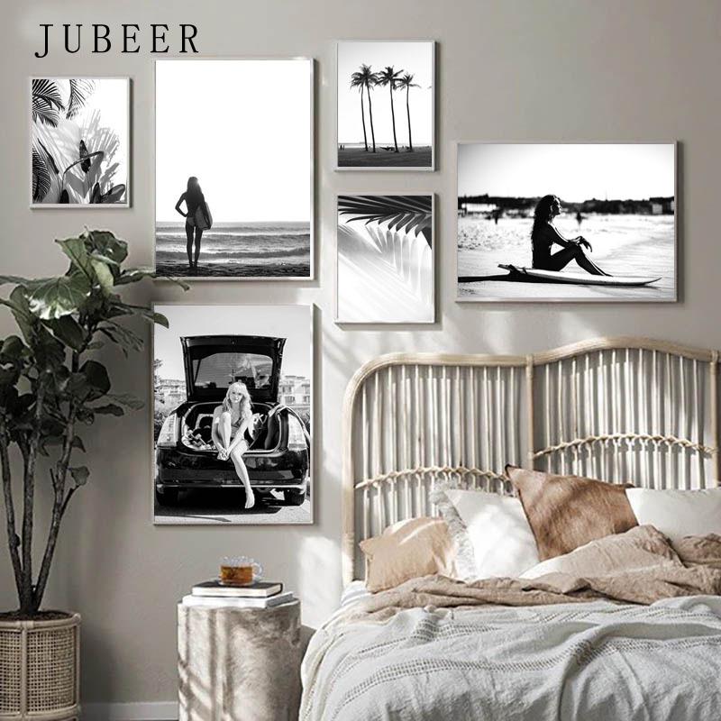 

Black and White Wall Art Seascape Canvas Print Poster Beach Girl Surfboard Painting Landscape Tropical Palm Picture Home Decor