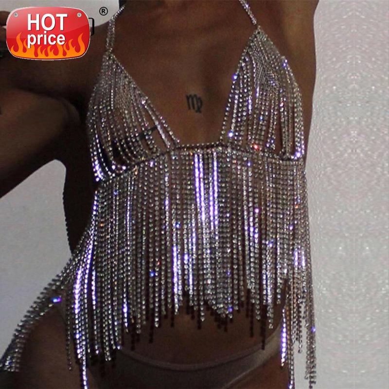 

Women's Sexy Halter Backless Tank Top Hollow Out Tassel Bra Environment Friendly Body Chain Necklace Party Clubwear #AX6E, White