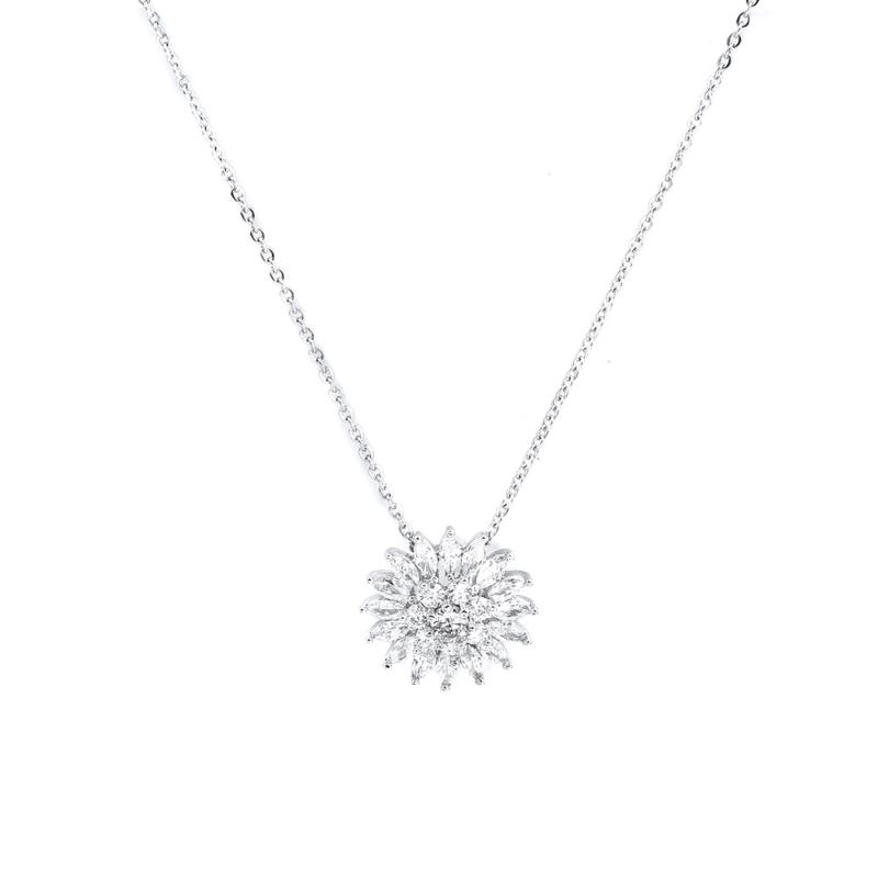 

New Fashion Stainless Steel Micro Paved Necklace Cold Color Silver Color Flower Clear Cubic Zirconia 45cm(17 6/8") long, 1 Piece