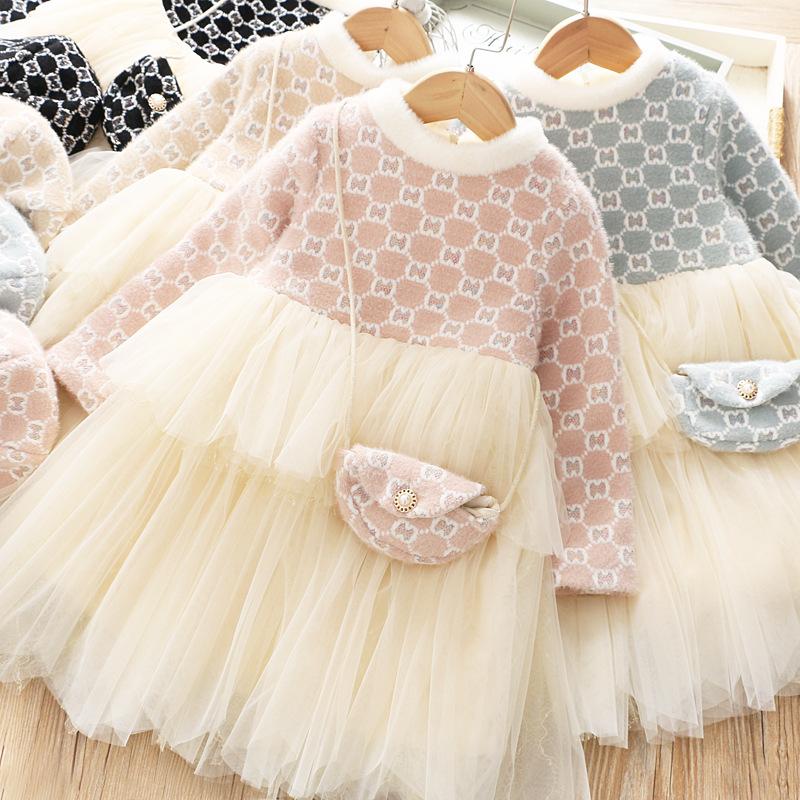 

Winter Baby Girls' Plush Dress with Bags and Hats, Beige