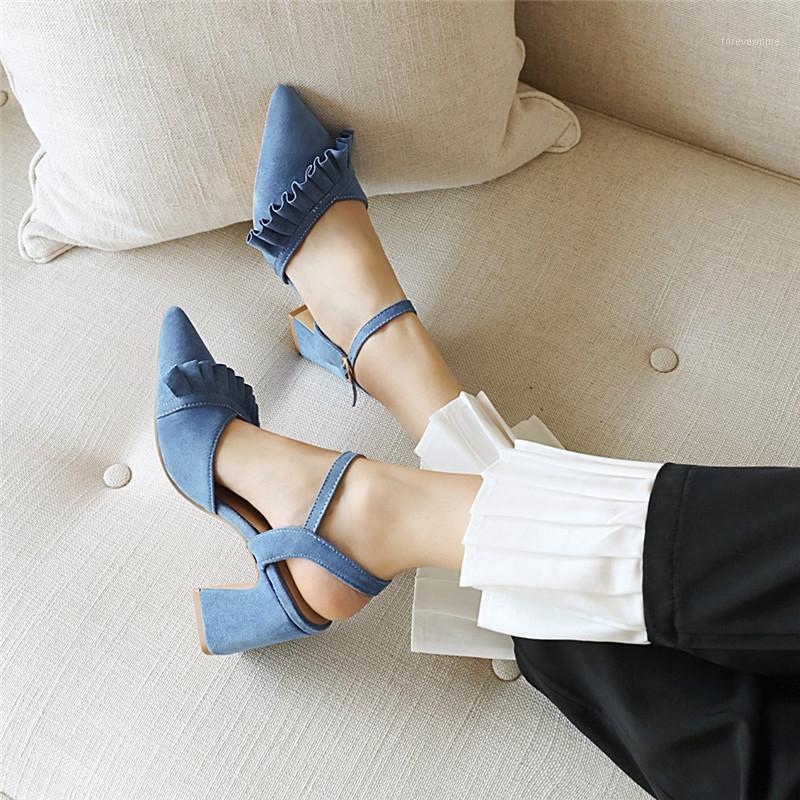 

Arrival 2021 Summer Closed Toe Block High Heels Ruffles Mature Women Sandals Black Party Womens Shoes 431, Blue
