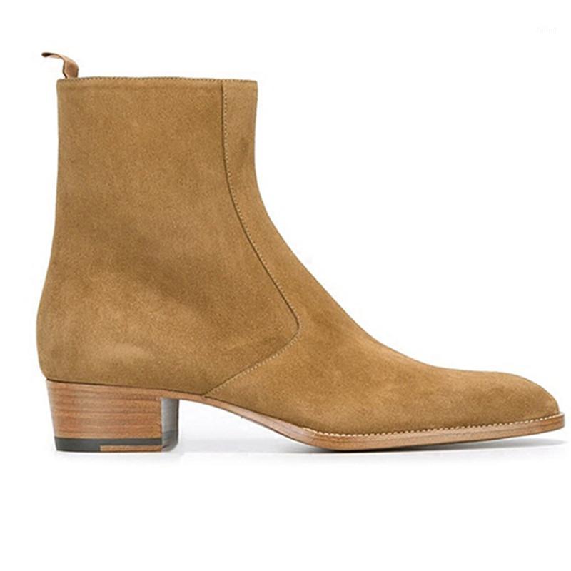 

wedge high end personalized handmade boots Khaki slim ankle formal pointed toe motorcycle boots1