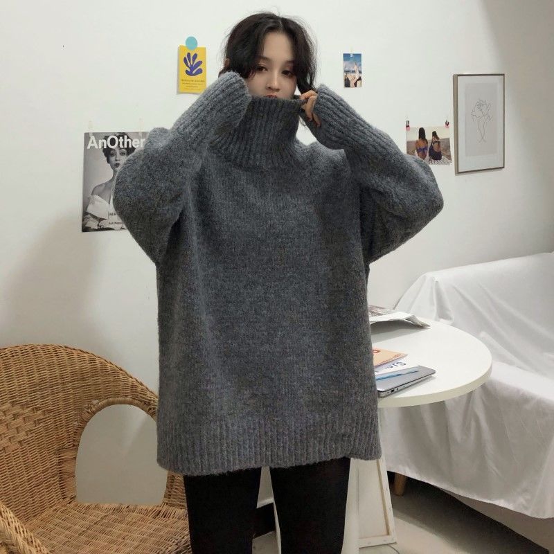 

2021 Winter New High Neck Thick Female Shirt Loose and Versatile Student Solid Lazy Sweater 6VAE, White;black