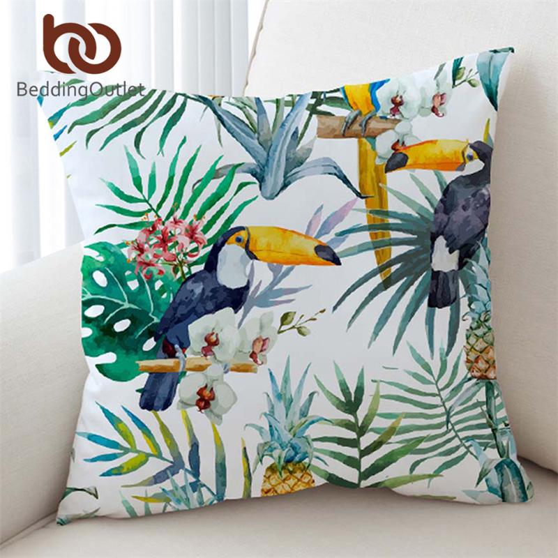 

BeddingOutlet Toucan Cushion Cover Floral Pillow Case Tropical Plant Throw Cover Pineapple Decorative Pillow Covers 45cmx45cm