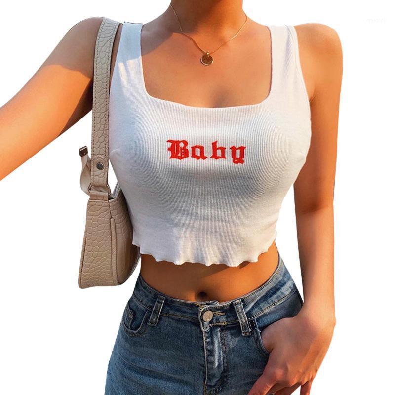 

Women Summer Sleeveless Slim Camisole Letter Printed Low Chest Exposed Navel Ruffle Tank Top1