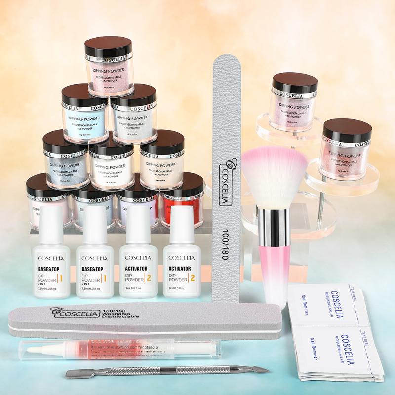 

COSCELIA 10g Acrylic Dipping Nail Powder Set Base Top Coat Glitter Powder Without Lamp Cure Natural Dry For Manicure Art Tools