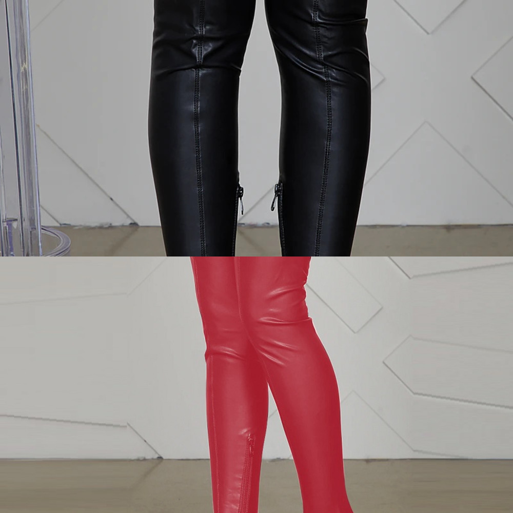 

Winter Women Thigh High Boots Black Pu Leather Keep Warm Snow Shoes Low Heels Platform Elastic Ladies Over The Knee Long Boots C0129