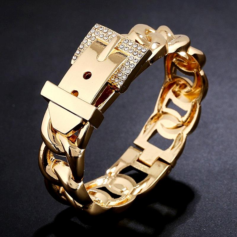 

Creative Design High Quality Metal Gold Plated Rhinestone Belt Buckle Bracelet Fashion Women's Punk Rock Prom Jewelry