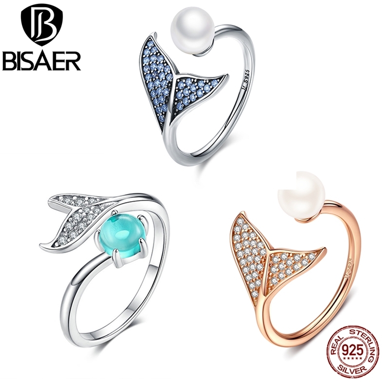 

BISAER 100% 925 Sterling Silver Female Mermaid Tail Adjustable Finger Rings for Women Wedding Engagement Jewelry S925 GXR286 201218