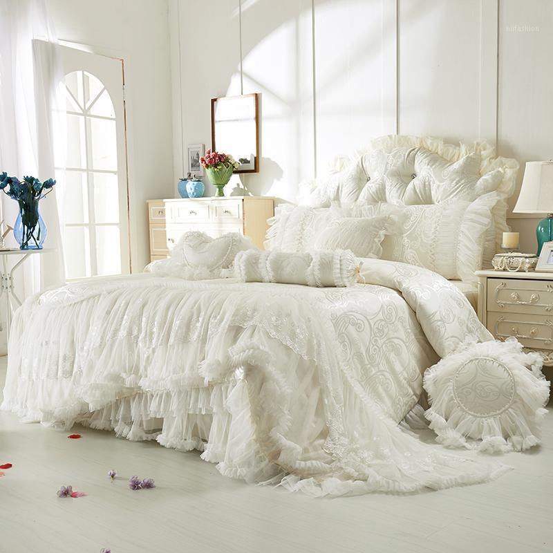 

satin jacquard bedding sets cotton lace bedclothes queen king size J/8 pcs decorative bedskirt+pillowcase+duvet cover set1, Color 3
