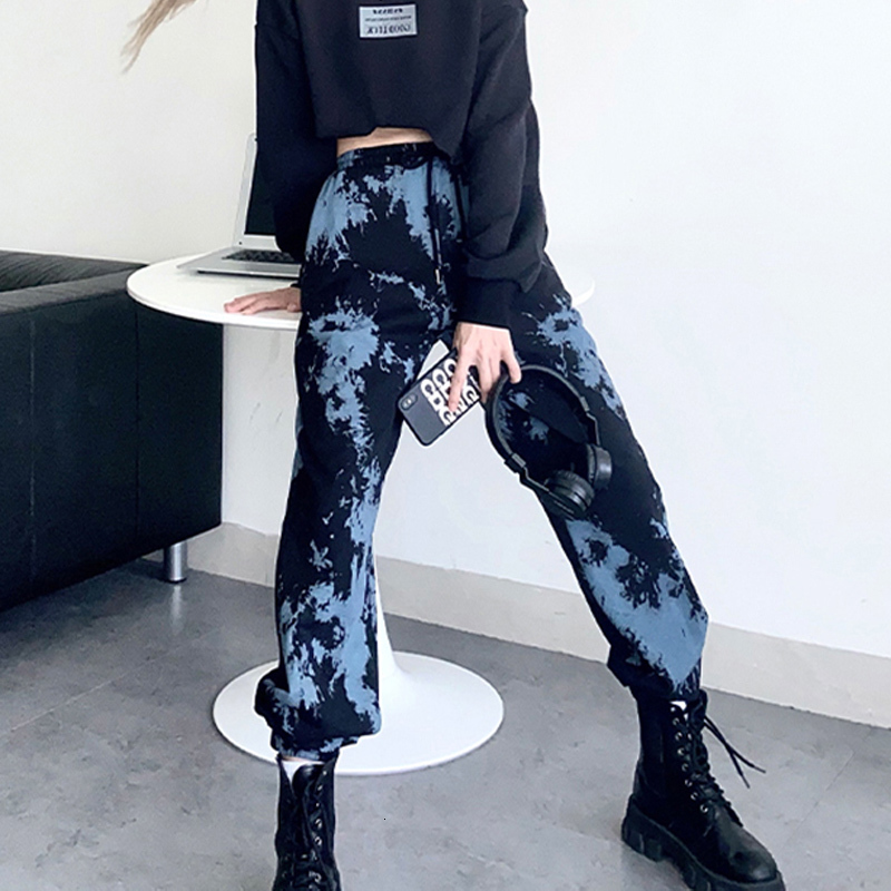 

2021 New Fashion Tie Dye Jogging Women's Bottoms High Down Cute Female Sports Pants Streetwear 0HXI, White