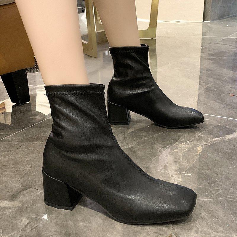 

New 2020 Autumn Winter Boots Women Shoes Woman Slip on Short Ankle Boots for Women Square High Heels Toe Solid Leather, Beige