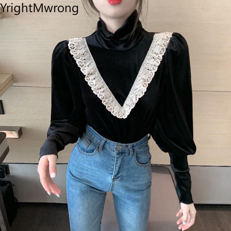 

Stitch Embroidery Lace Crochet High Neck Velvet TShirt Cute Vintage Fall T-Shirt Lady Sexy Top Tee Korean Aesthetic Black Lolita