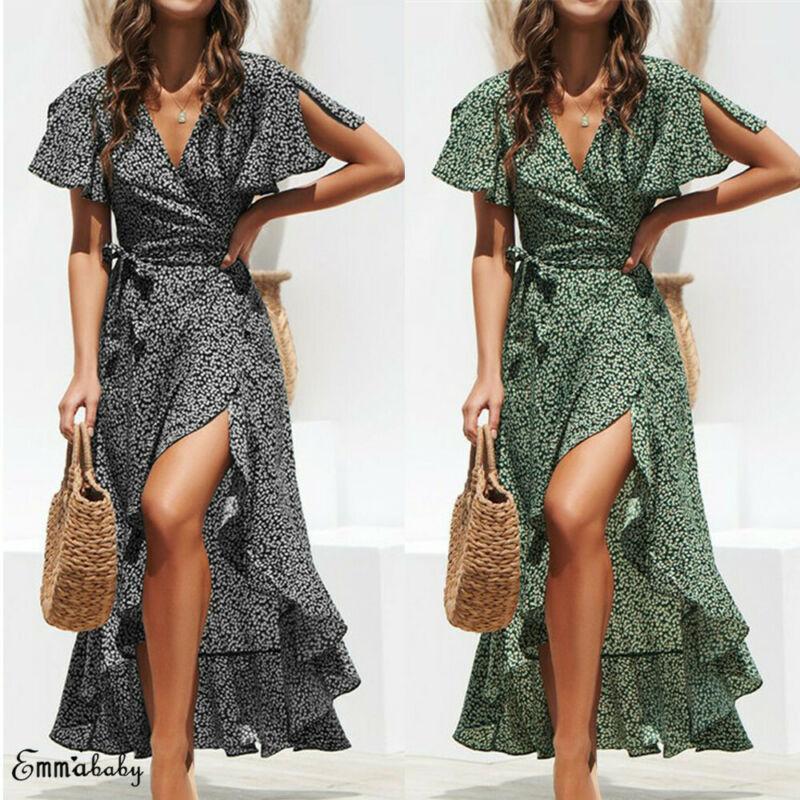 

2020 New Fashion Women V Neck Summer Boho Short Sleeve Wrap Spotted Belt Ladies Summer Holiday Long Maxi Dress Plus Size1
