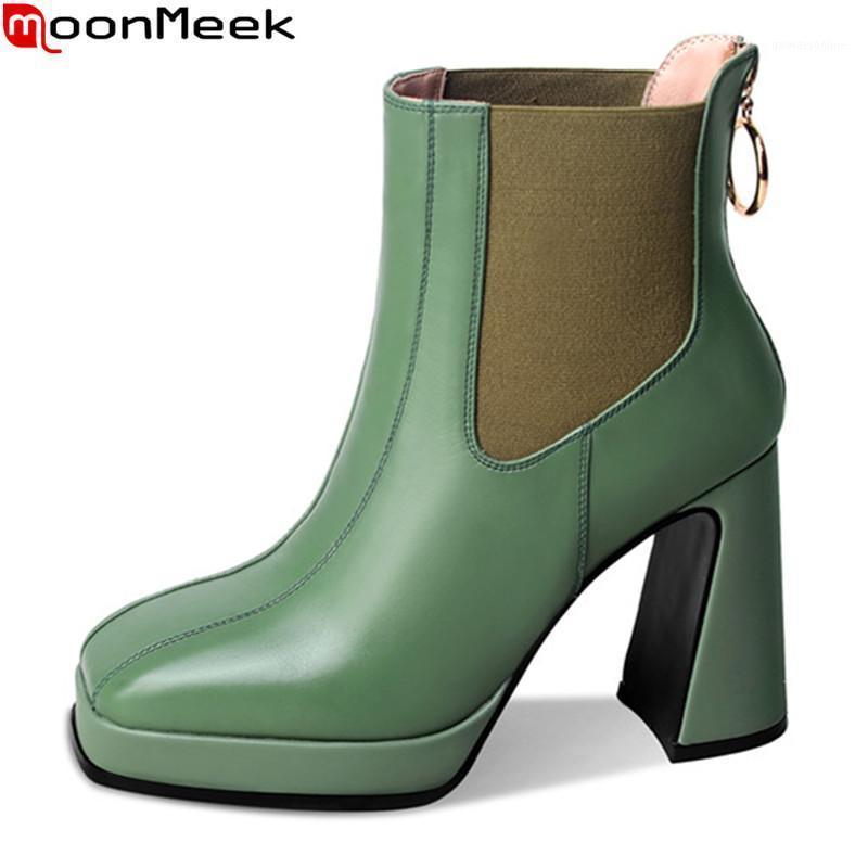 

MoonMeek 2020 New arrival fashion women boots genuine leather boots thick high heels square toe ankle for woman1, Black
