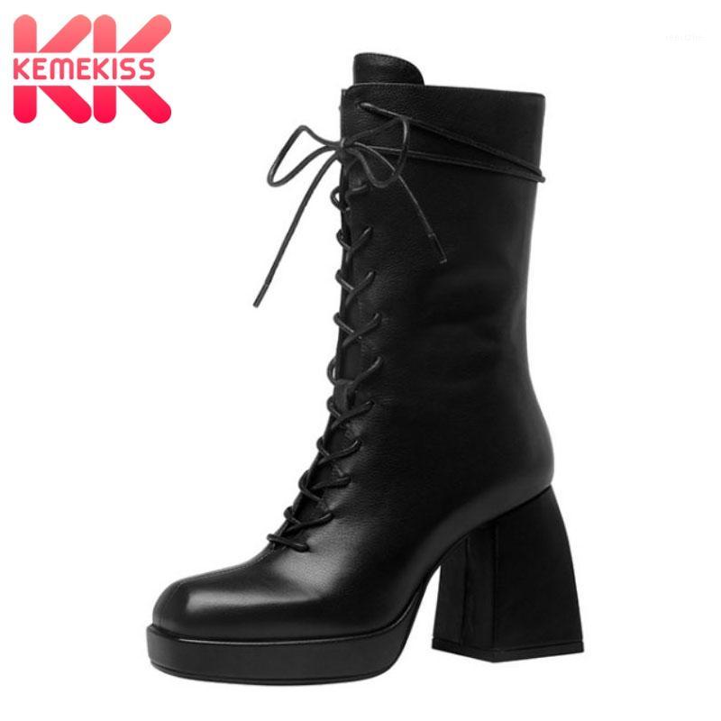 

KemeKiss Real Leather Women Mid Calf Boots Thick High Heel Platform Zipper Shoes Cross Strap Warm Boots Footwear Size 34-391, Beige