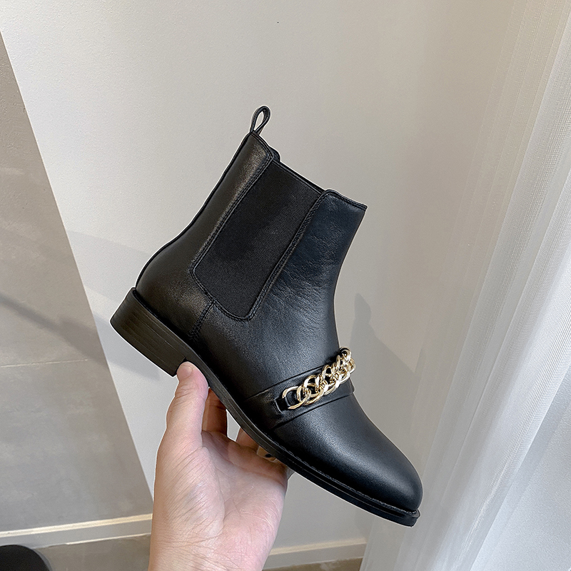 

New Chain Decoration Women Ankle Boots 2021 Autumn Genuine Leather Thick Low Heels Fashion Night Club Shoes Woman Jpxf, Cow