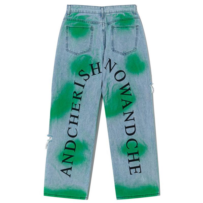 

Distressed Retro Jeans Men Harajuku Streetwear Tie Dye Punk Hip Hop Pants Letter Print Ripped Hole Biker Jean Casual Trousers, Blue