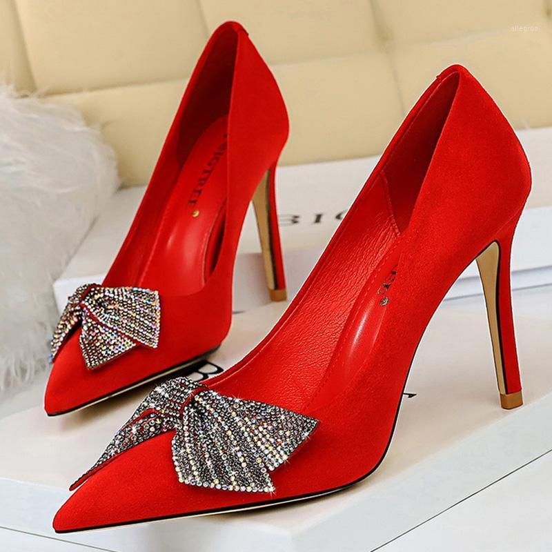

2021 Spring Fashion Women 9cm Stripper High Heels Party Pumps Stiletto Suede Rhinestone Bowknot Pumps Large Size Female Shoes1, Black
