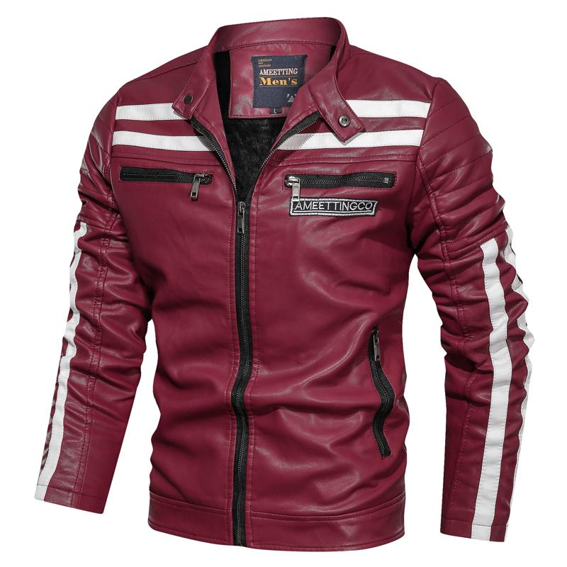 

2020 new stitching leather jacket and coat fashion men's street casual motorcycle leather jacket winter men's plus velvet, Red