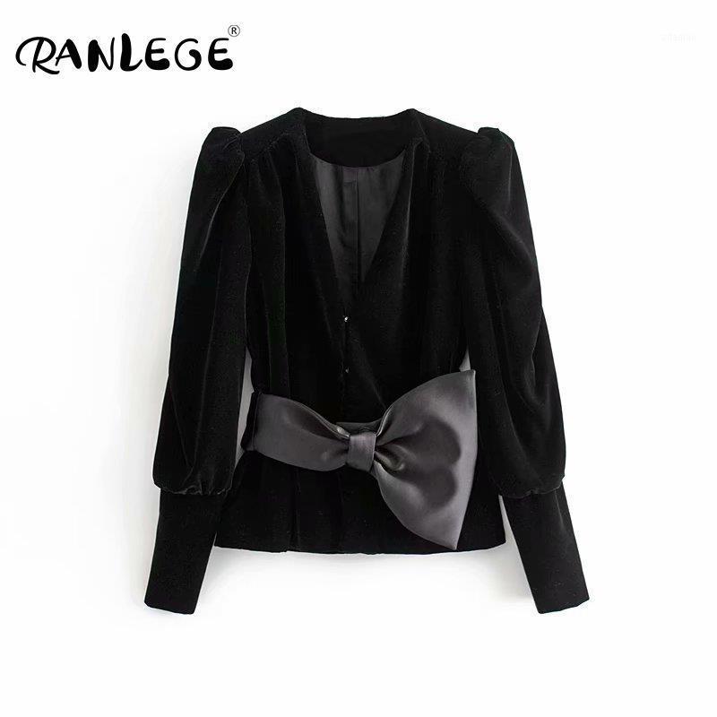 

RANLEGE Women Velvet Jacket Elegant Lady Deep V Neck Big Bow Sashes Puff Sleeve Coat Winter Chic Female Outwear Office Suit Coat1, Black