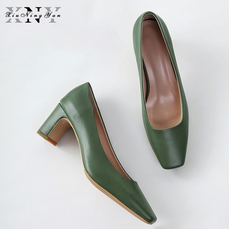 

2021 New Arrival All Genuine Leather Square Heels Women Pumps Concise Office Lady Elegant Shallow Slip on Solid Sweet Work Shoes1, Black