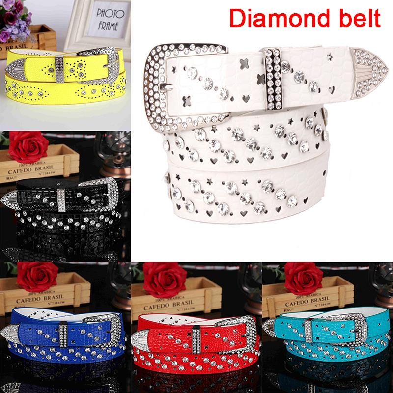 

Fashion Rhinestone Faux Leather Belts For Women Luxury Pin Buckle Belt Woman Cow Skin Strap, White