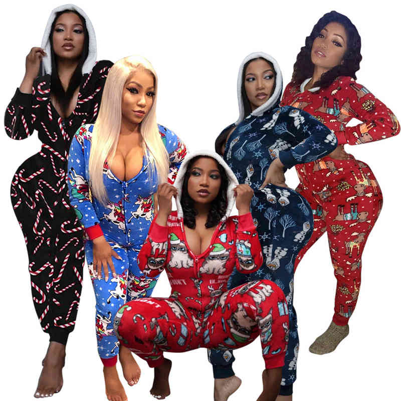 

Ladies Early Autumn Long Sleeve Hooded Zipper Fashion Sexy Tight Christmas Printed Long Jumpsuit, White