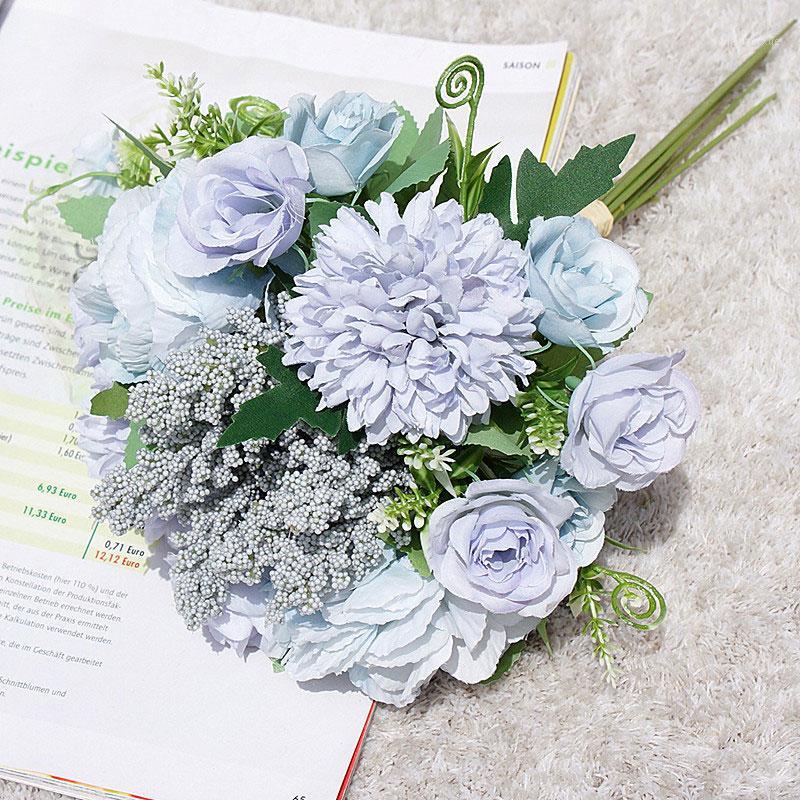 

Silk Artificial Hydrangea Flowers Wedding Bride Holding Romantic Fake Flower Bouquet Party DIY Floral for Home Garden Decoration1, Blue