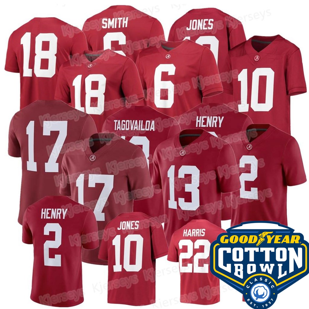 

Custom Alabama Crimson Tide Football Champions Jersey 10 Mac Jones 13 Tua Tagovailoa 2 Derrick Henry 22 Najee Harris 6 DeVonta Smith 8 Julio 2021 Cotton Bowl