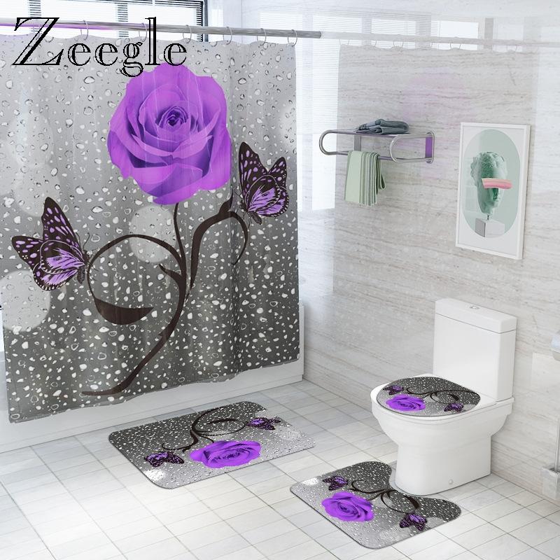 

Floral Bath Mat and Shower Curtain Set Absorbent Bathroom Floor Mat Anti Skid Bathroom Carpet Toilet Foot Rugs Bath