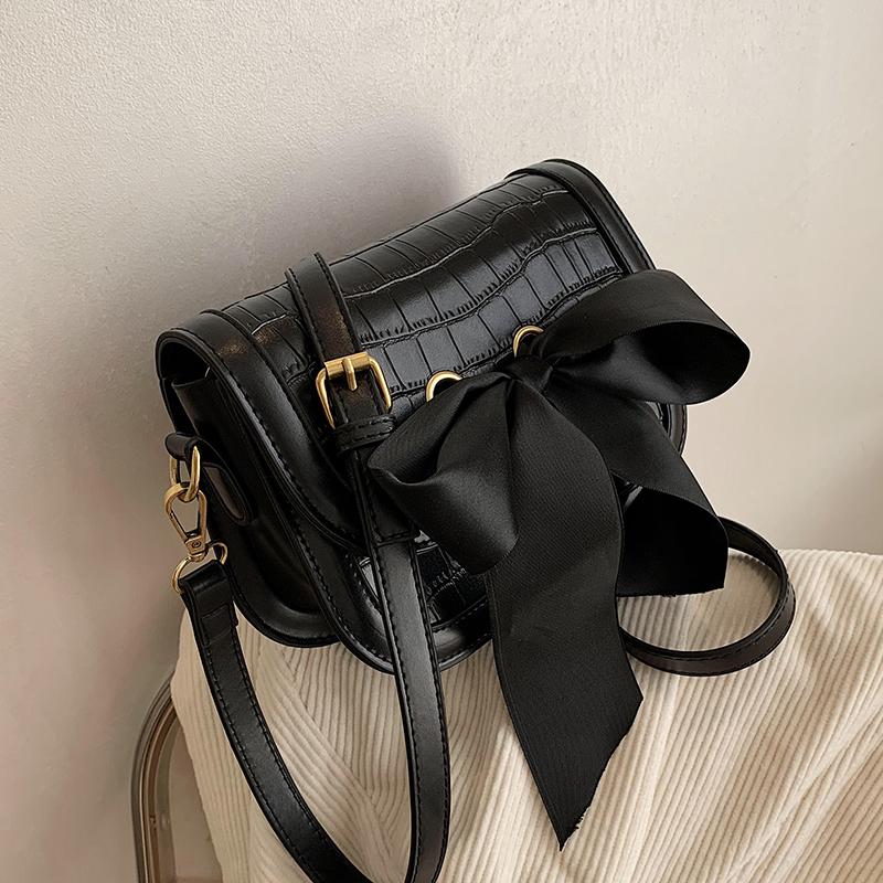 

Crocodile pattern Square Crossbody bag 2021 New Quality PU Leather Women's Designer Handbag Ribbon Bow Shoulder Messenger Bag, Black