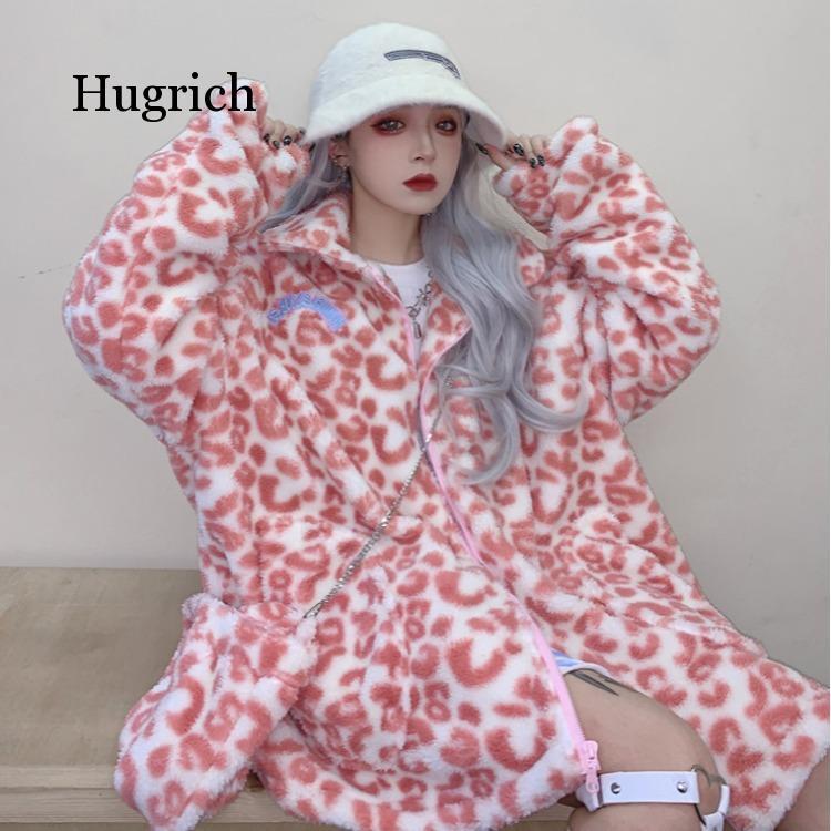 

Faux Fur Woolen Warm Winter Women Jacket Plus Size Fuzzy Cute Jackets Milk Cow Leopard Print Turn-Down Collar Coat Overcoat Girl, Pink with bag