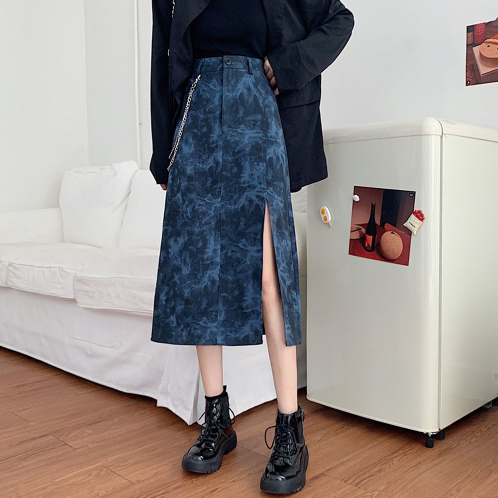 

2021 New Street Skirt Autumn Winter Trendy Hipster Designer Hot Sale Retro High Waist Thin Tie Dye Split IW49, Black