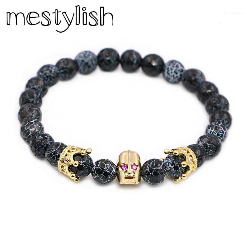 

Mestylish Spartan warrior Men Jewelry skull Crown Charms bracelet for Men Onyx beads bracelet man Strand Pulsera1