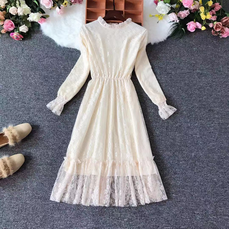 

2021 New Spring Summer Medium-colored Female Lasso Feminine Neck Long Sleeve Dress High Waist Rn3s, Beige