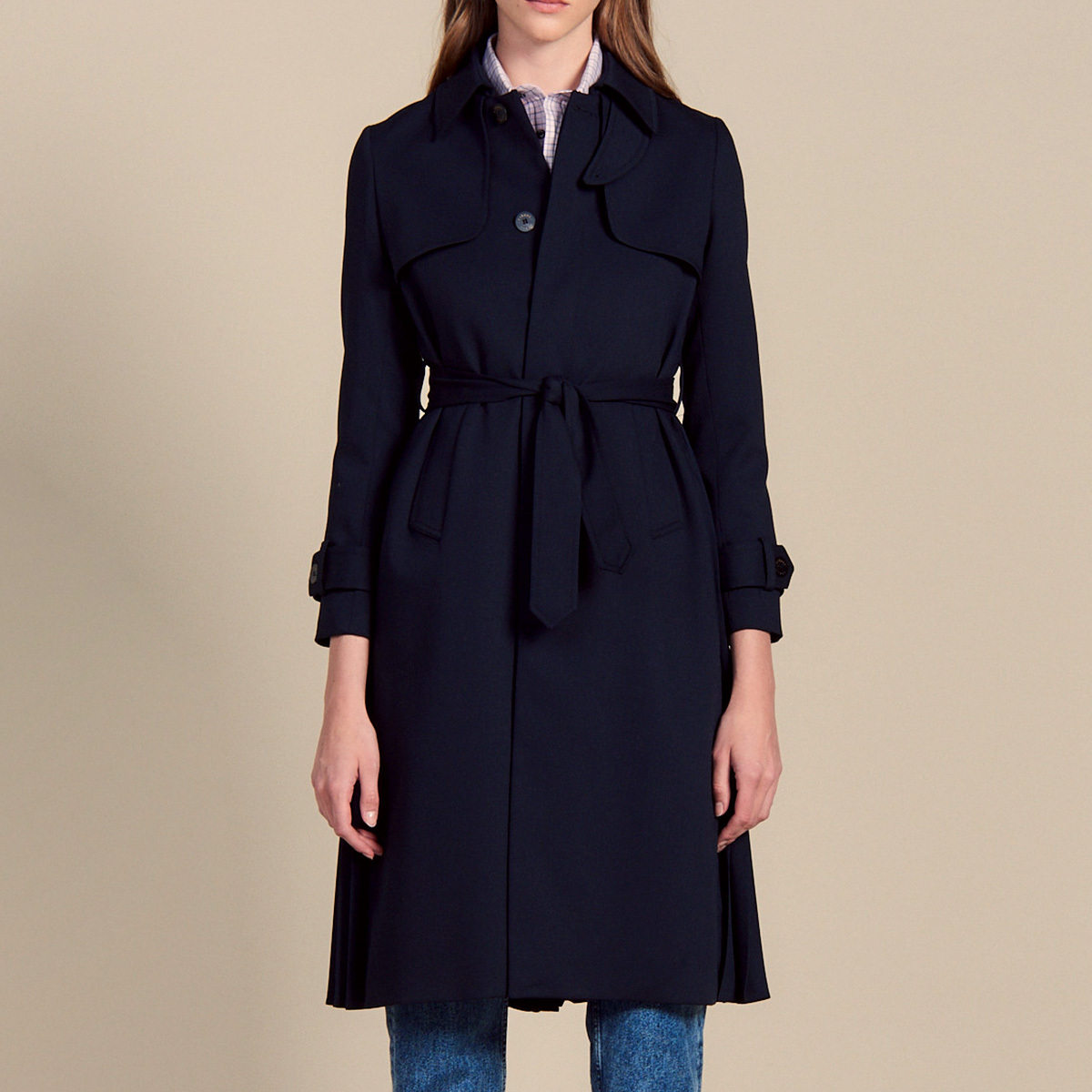 

Tie trench women's coat casual autumn long back inset plied navy blue jacket chic vintage winter clothes