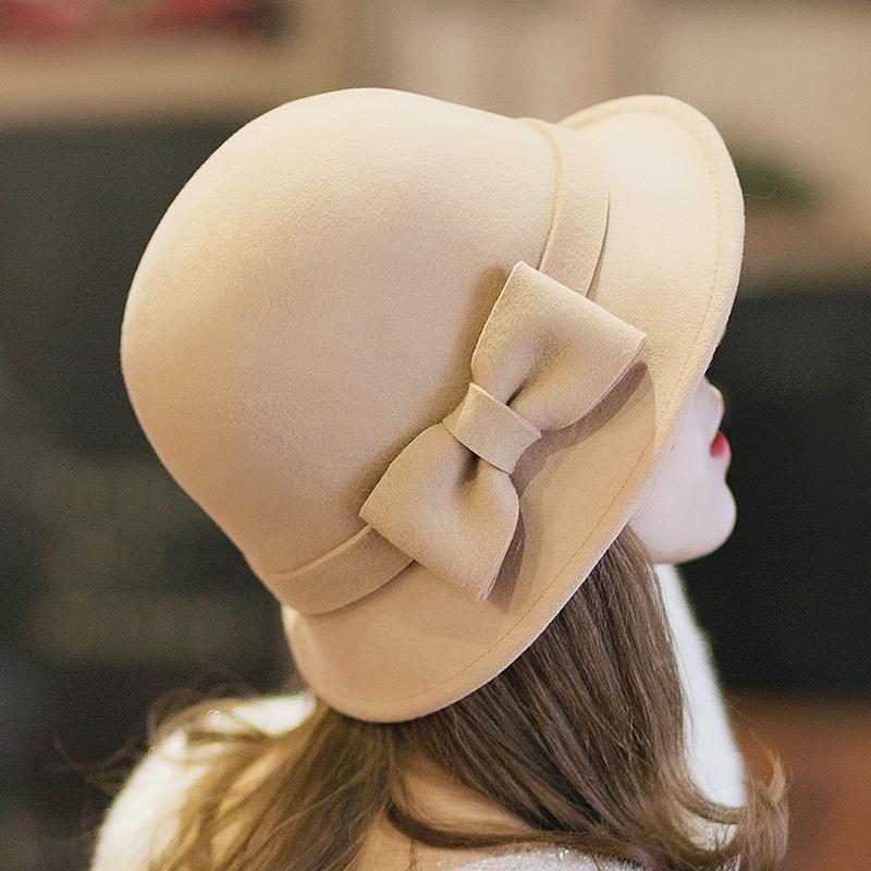 

winter wool bucket hat for women British dome homburg basin edge bowknot cap for women, Black