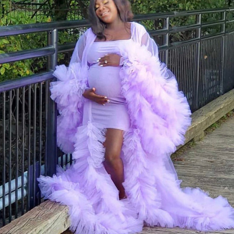 

Chic Purple Illusion Maternity Tulle Photo Shoot Robe Cheap Pregnant Woman Tiered Ruffles Dress Bridal Party Birthday Gowns