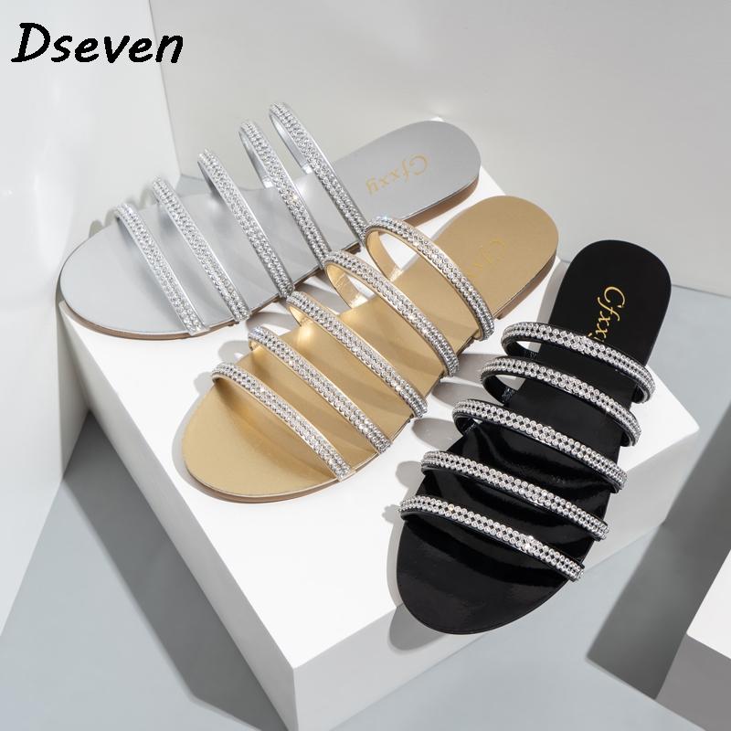 

Flat Heel Slip on Shoes for Women Slippers Fashion Diamond Summer Outdoor Beach Ladies Slides Flip Flops Female Sandals Shoes, Silver