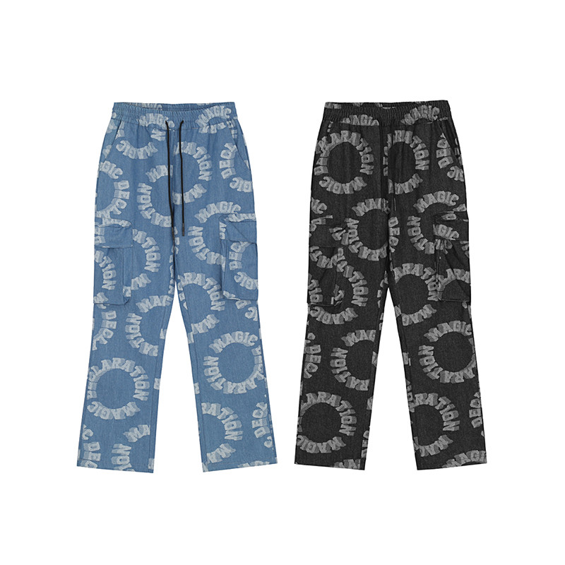 

High Street Letter Print Pockets Jeans Pants Mens Drawstring Wide Leg Casual Denim Trousers Oversize Washed Loose Cargo Pants, Black