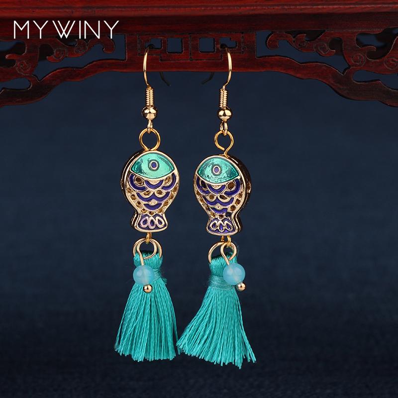 

2 colors MYWINY New fashion jewelry Cloisonne double fish earrings women, Chinese wind enamel Aveturine tassel earrings red