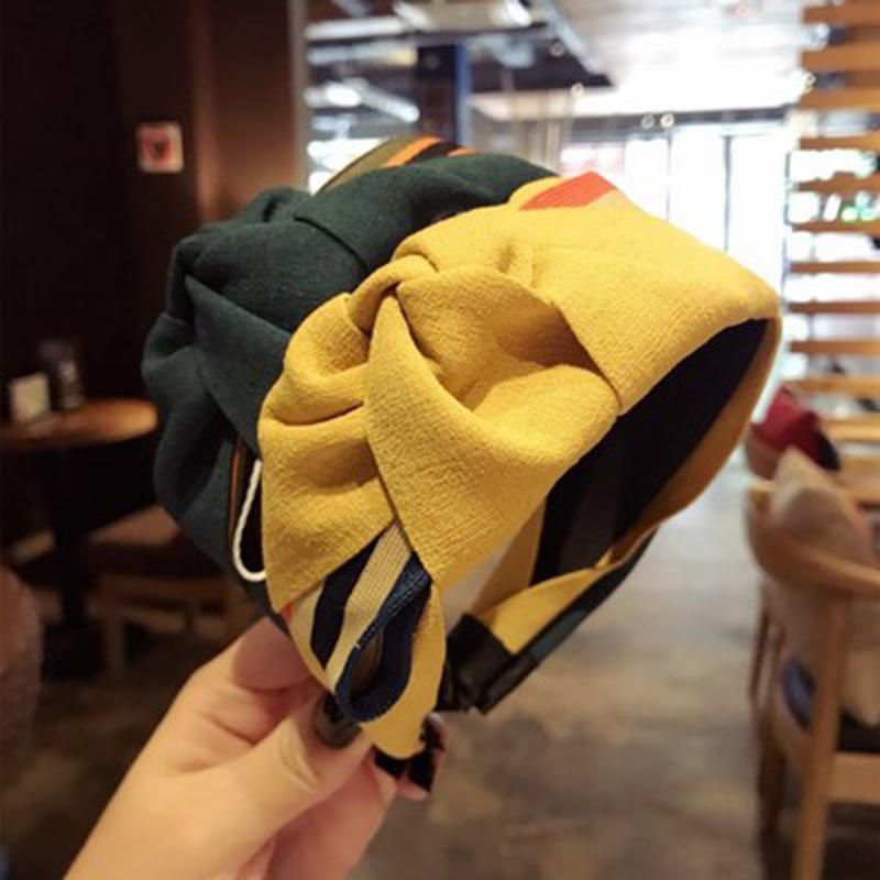 

New High-grade Headwear Solid Color Fabric Handmade Large Bow Stripes Contrast Color Wide-brimmed Hair Band Headwear Female