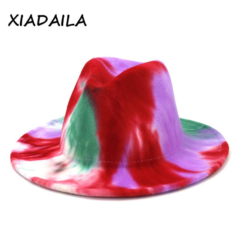 

2020 winter hats for women fashion Flat wide Brim Panama Wool Felt Jazz Fedora Hats for men Tie-dye color hat, Pink