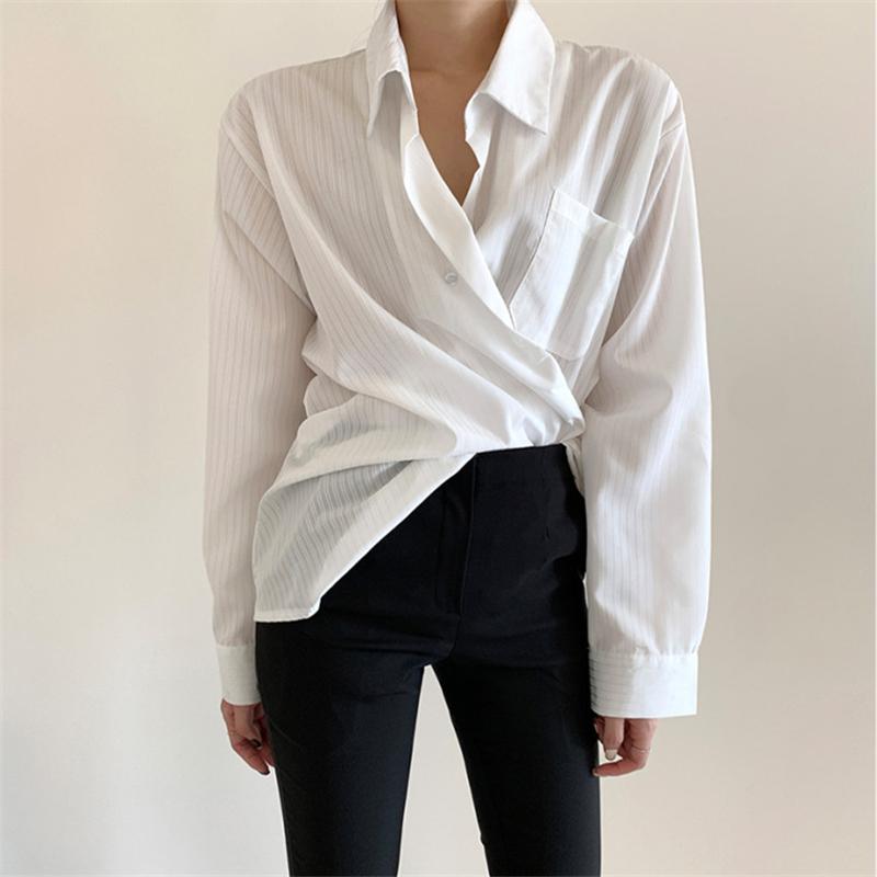 

Womens Stripe Shirts Spring Fall Casual Minimalist Collar Loose Style Blouse Female Top Blusas Mujer De Moda Blusa, Blue