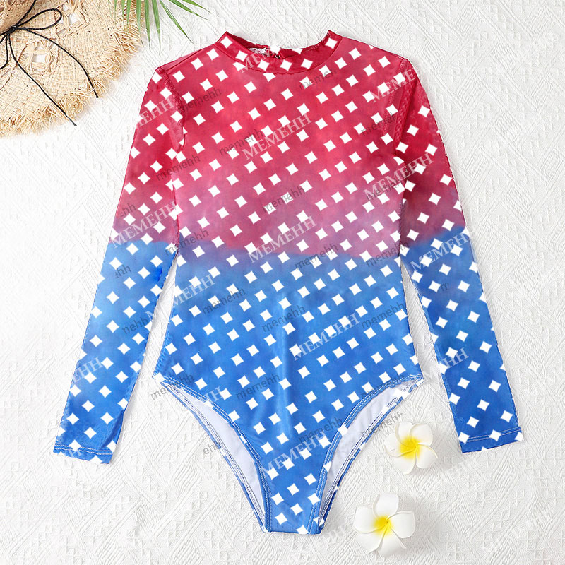 

Womens Swimwear Gradient Color Mesh Long Sleeve one-piece Sexy Swimsuit Fashion Charming Beach Girls Wear, F-yellow