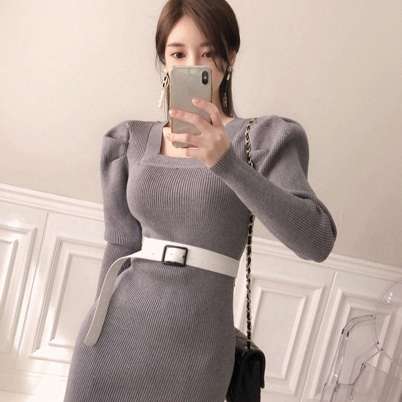 

JXMYY 2020 winter new Korean style slim temperament long skirt knitted square neck bag hip split sweater dress #VW36, Black;gray